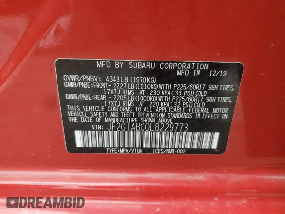 2020 Subaru Crosstrek с VIN JF2GTABC0L8229773, выставлен на аукционе Copart как лот 53292125 с пробегом 48 552 миль миль и На запчасти • Non repairable. История ставок и продаж доступна на DreamBid. Изображение 13.