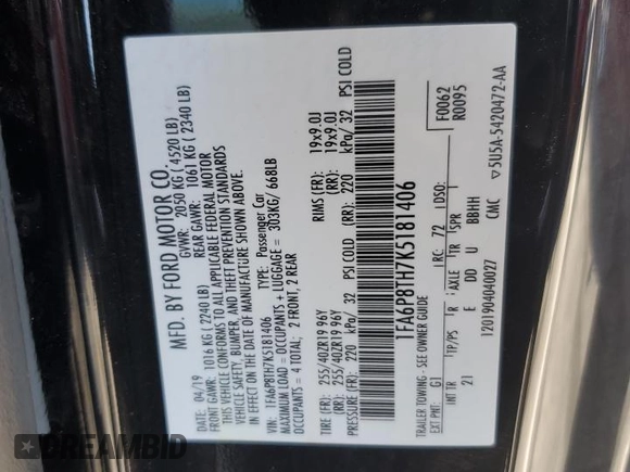 2019 Ford Mustang EcoBoost with VIN 1FA6P8TH7K5181406, listed as a Copart auction lot 52205595 with 58,591 mi miles and Salvage Title. Bid and sale history available at carsss.com. Image 12.