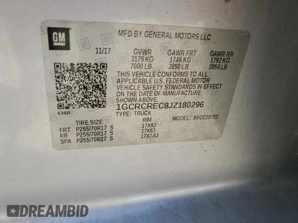 2018 Chevrolet Silverado 1500 LT with VIN 1GCRCREC8JZ180296, listed as a Copart auction lot 43631655 with Not Provided miles and Salvage Title. Bid and sale history available at DreamBid. Image 13.