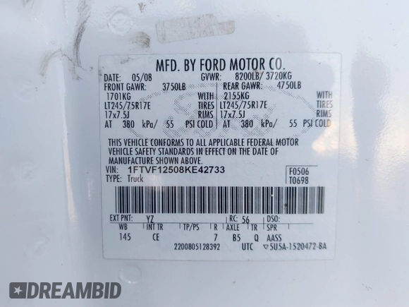 2008 Ford F-150 XL z VIN 1FTVF12508KE42733, wystawiony jako IAAI lot #41335857 z przebiegiem Nie podano mil oraz . Historia ofert i sprzedaży dostępna na DreamBid. Obrazek 9.