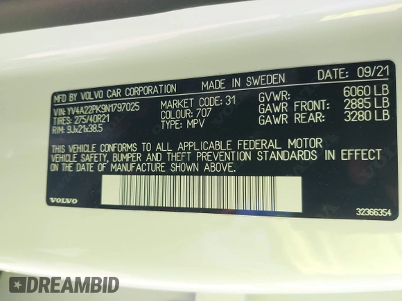 2022 Volvo XC90 Momentum with VIN YV4A22PK9N1797025, listed as a IAAI auction lot 41907883 with 32,482 mi miles and . Bid and sale history available at DreamBid. Image 9.
