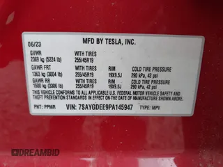 2023 Tesla Model Y Long Range with VIN 7SAYGDEE9PA145947, listed as a IAAI auction lot 42131783 with 4,956 mi miles and . Bid and sale history available at DreamBid. Image 9.