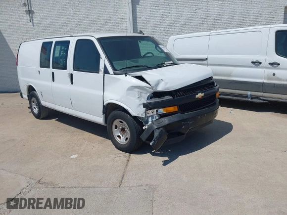 2019 Chevrolet Express Cargo Van with VIN 1GCWGAFP0K1163129, listed as a IAAI auction lot 41984551 with 50,069 mi miles. Bid and sale history available at carsss.com. Image 1.