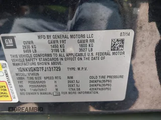 2015 Chevrolet Traverse LT with VIN 1GNKVGKD7FJ131729, listed as a IAAI auction lot 42387016 with 134,179 mi miles and . Bid and sale history available at DreamBid. Image 9.