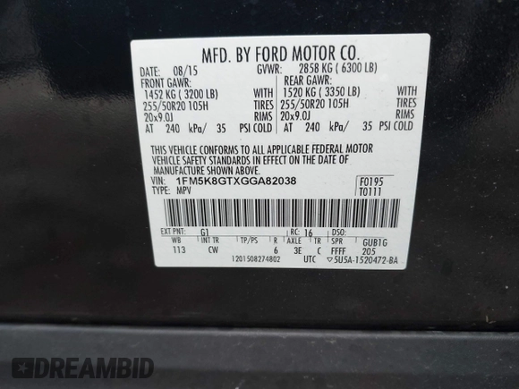 2016 Ford Explorer Sport with VIN 1FM5K8GTXGGA82038, listed as a IAAI auction lot 42456393 with Not provided miles and . Bid and sale history available at DreamBid. Image 9.