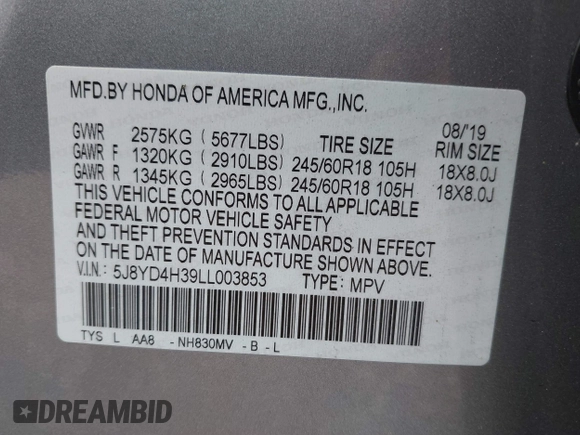 2020 Acura MDX with VIN 5J8YD4H39LL003853, listed as a IAAI auction lot 42731495 with 112,975 mi miles and . Bid and sale history available at DreamBid. Image 9.