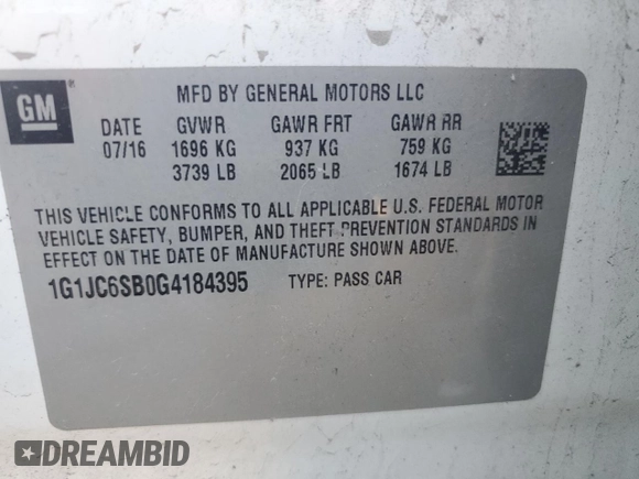2016 Chevrolet Sonic LT with VIN 1G1JC6SB0G4184395, listed as a Copart auction lot 75556594 with 91,693 mi miles and Salvage Title. Bid and sale history available at carsss.com. Image 13.