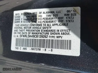 2012 Honda Odyssey EX with VIN 5FNRL5H49CB139262, listed as a IAAI auction lot 42024256 with 124,695 mi miles. Bid and sale history available at carsss.com. Image 9.