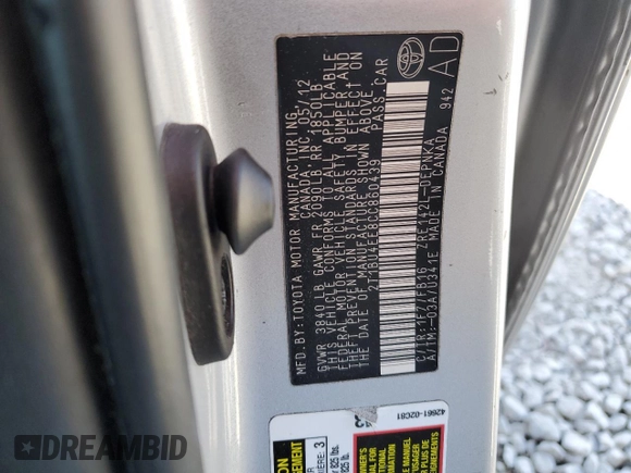 2012 Toyota Corolla L with VIN 2T1BU4EE8CC860439, listed as a Copart auction lot 51923115 with 120,682 mi miles and Salvage Title. Bid and sale history available at carsss.com. Image 12.