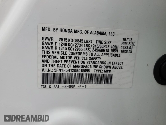 2019 Honda Pilot LX with VIN 5FNYF5H12KB015096, listed as a Copart auction lot 48802345 with 94,445 mi miles and Salvage Title. Bid and sale history available at DreamBid. Image 12.
