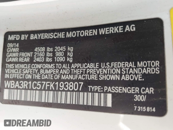 2015 BMW 4 Series 435i with VIN WBA3R1C57FK193807, listed as a IAAI auction lot 41967964 with 126,245 mi miles and . Bid and sale history available at DreamBid. Image 9.