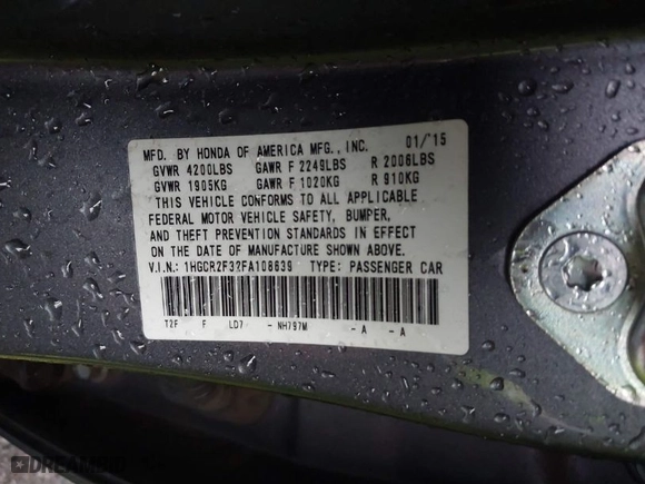 2015 Honda Accord Sedan LX with VIN 1HGCR2F32FA108639, listed as a IAAI auction lot 41572179 with 152,850 mi miles. Bid and sale history available at carsss.com. Image 9.