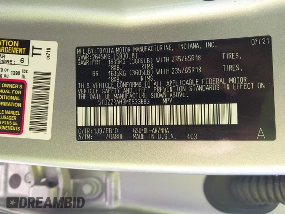 2021 Toyota Highlander L with VIN 5TDZZRAH9MS533683, listed as a IAAI auction lot 41788553 with 31,564 mi miles and . Bid and sale history available at DreamBid. Image 9.