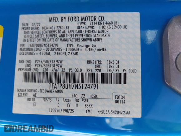 2022 Ford Mustang EcoBoost with VIN 1FATP8UH7N5124791, listed as a IAAI auction lot 41810238 with 57,185 mi miles. Bid and sale history available at carsss.com. Image 9.