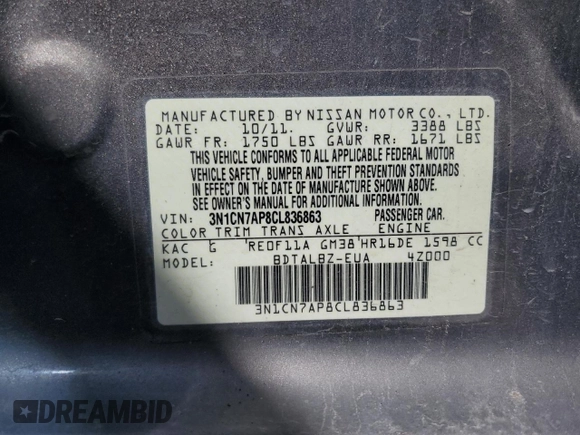 2012 Nissan Versa SL with VIN 3N1CN7AP8CL836863, listed as a Copart auction lot 46949615 with 133,681 mi miles and Salvage Title. Bid and sale history available at carsss.com. Image 12.