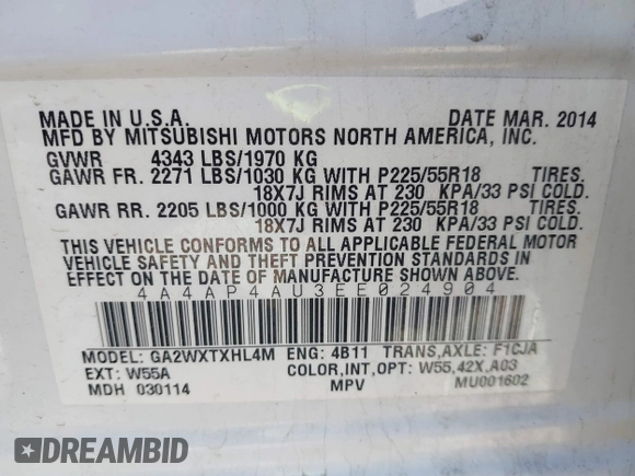 2014 Mitsubishi Outlander SE z VIN 4A4AP4AU3EE024904, wystawiony jako IAAI lot #42373011 z przebiegiem 121 482 mil mil oraz . Historia ofert i sprzedaży dostępna na DreamBid. Obrazek 9.