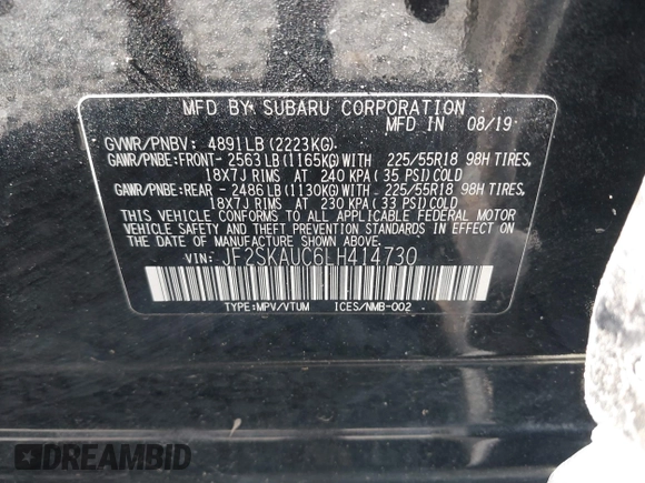2020 Subaru Forester Limited with VIN JF2SKAUC6LH414730, listed as a IAAI auction lot 41826817 with 63,220 mi miles. Bid and sale history available at carsss.com. Image 9.