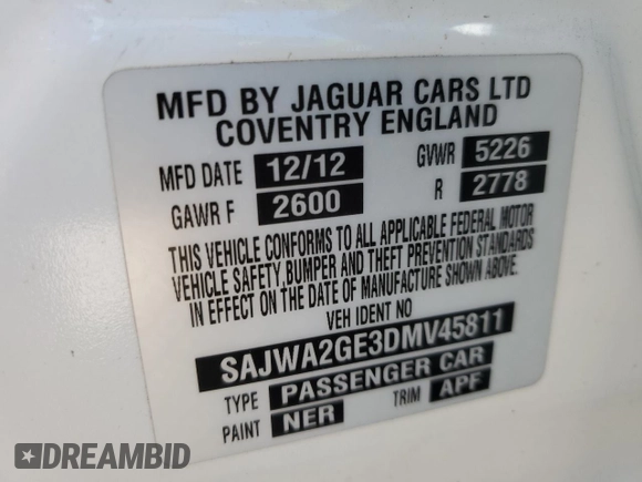 2013 Jaguar XJ Supercharged with VIN SAJWA2GE3DMV45811, listed as a Copart auction lot 76585864 with 53,570 mi miles and Salvage title. Bid and sale history available at DreamBid. Image 13.