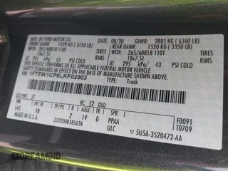 2020 Ford F-150 XL z VIN 1FTEW1CP0LKF02003, wystawiony jako IAAI lot #42431211 z przebiegiem 94 023 mil mil oraz . Historia ofert i sprzedaży dostępna na DreamBid. Obrazek 9.