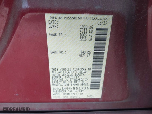 2015 Nissan Altima 2.5 SL with VIN 1N4AL3AP9FN861736, listed as a IAAI auction lot 41618462 with NaN miles. Bid and sale history available at carsss.com. Image 9.