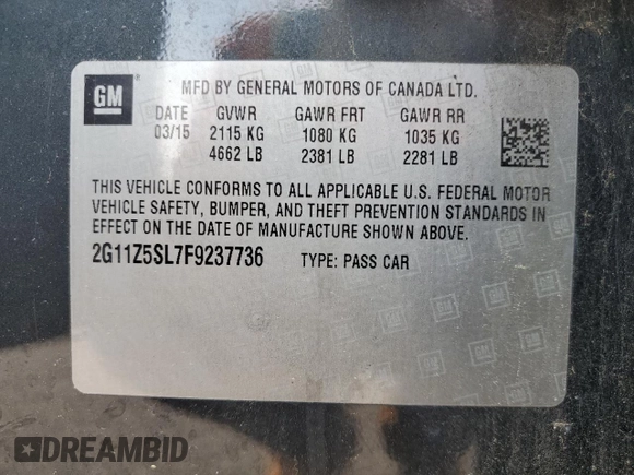 2015 Chevrolet Impala LS with VIN 2G11Z5SL7F9237736, listed as a Copart auction lot 59542905 with Not provided miles and Clean title. Bid and sale history available at DreamBid. Image 13.