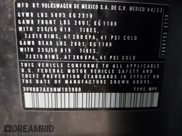 2022 Volkswagen Tiguan SE R-Line Black with VIN 3VV8B7AX9NM103988, listed as a IAAI auction lot 41908814 with 43,671 mi miles and . Bid and sale history available at DreamBid. Image 9.