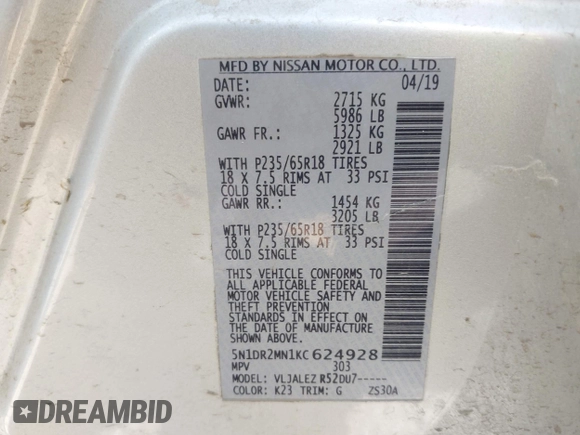 2019 Nissan Pathfinder SV with VIN 5N1DR2MN1KC624928, listed as a IAAI auction lot 42571925 with 77,427 mi miles and . Bid and sale history available at DreamBid. Image 9.