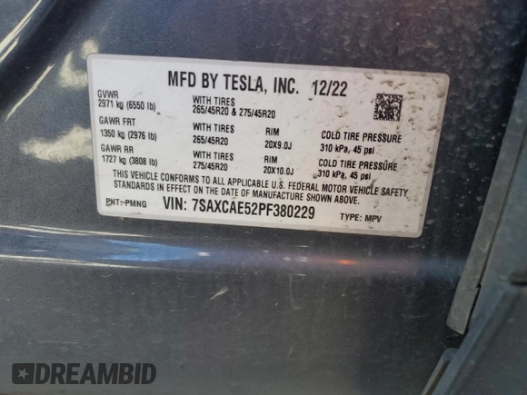 2023 Tesla Model X with VIN 7SAXCAE52PF380229, listed as a Copart auction lot 53535065 with 42,456 mi miles and Salvage Title. Bid and sale history available at DreamBid. Image 13.
