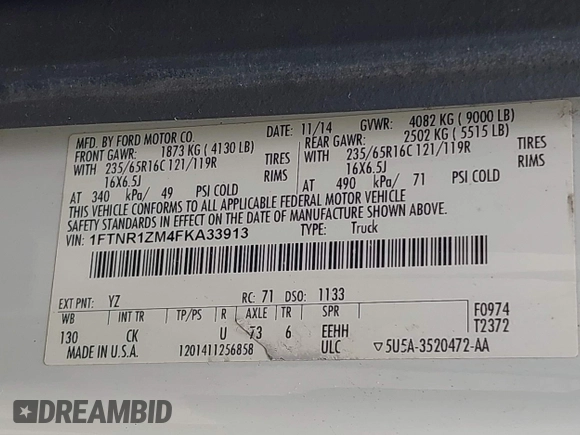 2015 Ford Transit Cargo with VIN 1FTNR1ZM4FKA33913, listed as a IAAI auction lot 42368442 with 91,608 mi miles and . Bid and sale history available at DreamBid. Image 8.