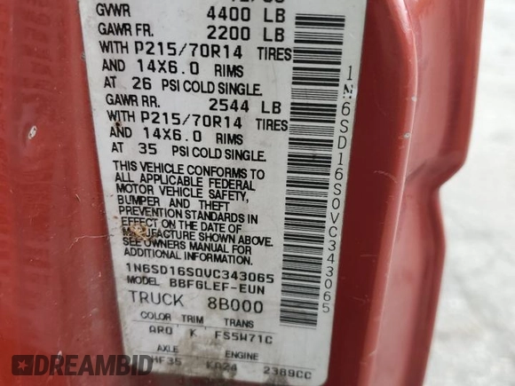 1997 Nissan Frontier XE with VIN 1N6SD16S0VC343065, listed as a Copart auction lot 64619505 with 261,547 mi miles and Clean title. Bid and sale history available at DreamBid. Image 12.