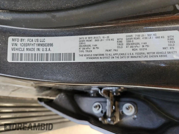 2021 Ram 1500 Limited with VIN 1C6SRFHT1MN563896, listed as a Copart auction lot 63918625 with 91,523 mi miles and Salvage title. Bid and sale history available at DreamBid. Image 13.