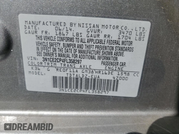 2015 Nissan Note S with VIN 3N1CE2CP4FL358297, listed as a Copart auction lot 59586475 with 53,252 mi miles and Salvage title. Bid and sale history available at DreamBid. Image 14.