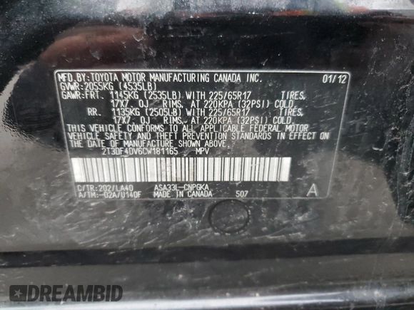 2012 Toyota RAV4 Limited with VIN 2T3DF4DV6CW181165, listed as a Copart auction lot 50892065 with 0 mi miles and Salvage Title. Bid and sale history available at carsss.com. Image 14.