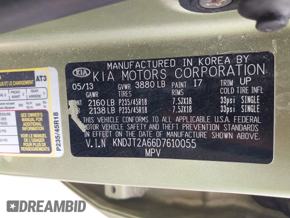 2013 Kia Soul + with VIN KNDJT2A66D7610055, listed as a IAAI auction lot 42142703 with 133,274 mi miles and . Bid and sale history available at DreamBid. Image 9.