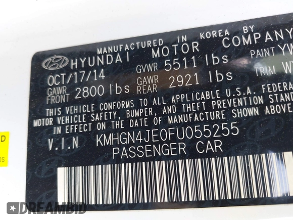 2015 Hyundai Genesis 3.8L with VIN KMHGN4JE0FU055255, listed as a IAAI auction lot 42123154 with 48,130 mi miles and . Bid and sale history available at DreamBid. Image 9.