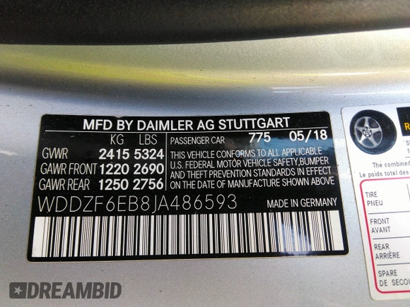 2018 Mercedes-Benz E AMG E 43 with VIN WDDZF6EB8JA486593, listed as a IAAI auction lot 40496961 with 78,160 mi miles. Bid and sale history available at carsss.com. Image 9.