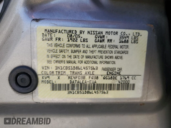 2006 Nissan Sentra S with VIN 3N1CB51D86L457563, listed as a Copart auction lot 52008315 with 76,925 mi miles and Salvage Title. Bid and sale history available at DreamBid. Image 12.
