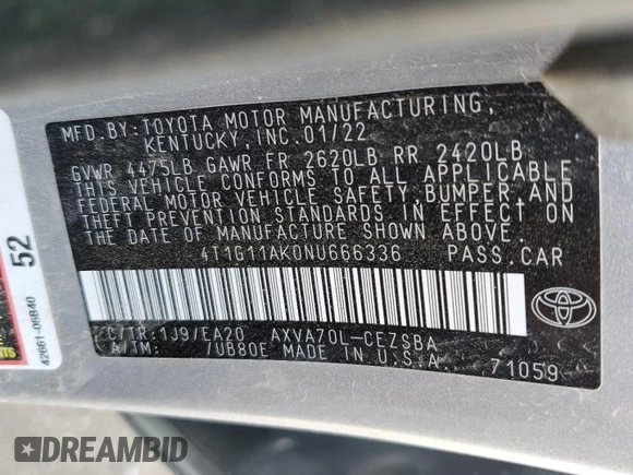 2022 Toyota Camry SE z VIN 4T1G11AK0NU666336, wystawiony jako Copart lot #41667525 z przebiegiem 68 545 mil mil oraz Szkoda całkowita • Salvage title. Historia ofert i sprzedaży dostępna na DreamBid. Obrazek 14.