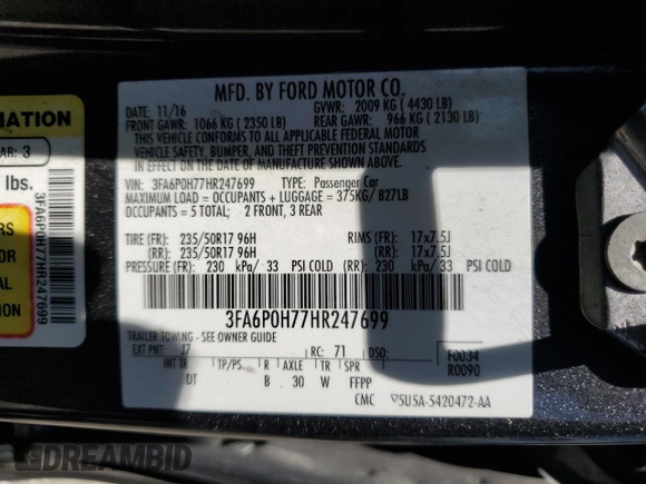 2017 Ford Fusion SE with VIN 3FA6P0H77HR247699, listed as a Copart auction lot 63482525 with 129,736 mi miles and Clean title. Bid and sale history available at DreamBid. Image 12.