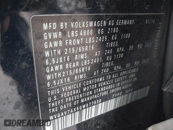 2016 Volkswagen Tiguan S z VIN WVGAV7AX5GW577538, wystawiony jako IAAI lot #41554415 z przebiegiem 94 233 mil mil oraz . Historia ofert i sprzedaży dostępna na DreamBid. Obrazek 9.