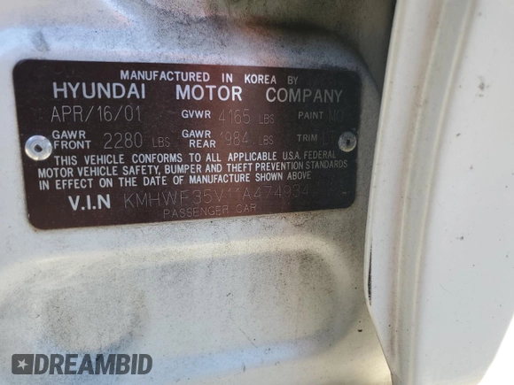 2001 Hyundai Sonata GLS with VIN KMHWF35V11A474934, listed as a Copart auction lot 83633174 with 127,176 mi miles and Clean Title. Bid and sale history available at carsss.com. Image 13.