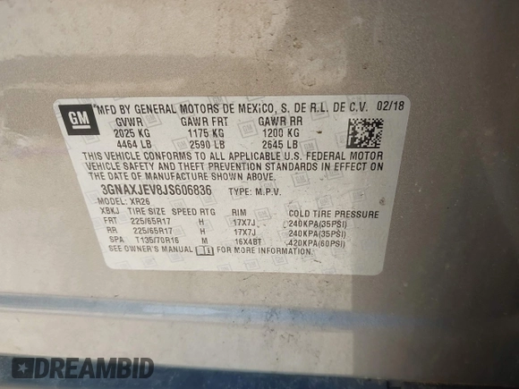 2018 Chevrolet Equinox LT with VIN 3GNAXJEV8JS606836, listed as a IAAI auction lot 42352671 with 139,791 mi miles and . Bid and sale history available at DreamBid. Image 9.