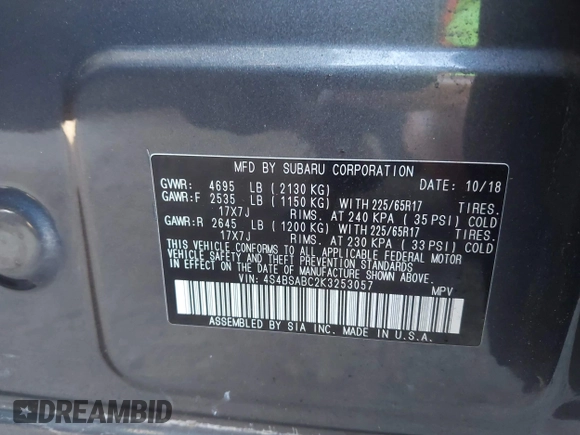 2019 Subaru Outback with VIN 4S4BSABC2K3253057, listed as a IAAI auction lot 42578052 with Not provided miles and . Bid and sale history available at DreamBid. Image 9.