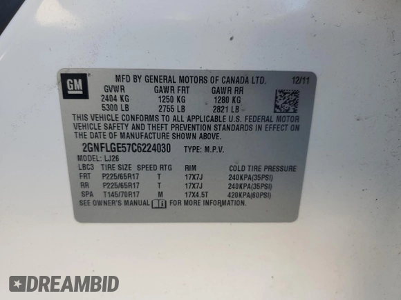 2012 Chevrolet Equinox LTZ with VIN 2GNFLGE57C6224030, listed as a Copart auction lot 50209405 with 255,837 mi miles and Clean Title. Bid and sale history available at carsss.com. Image 13.
