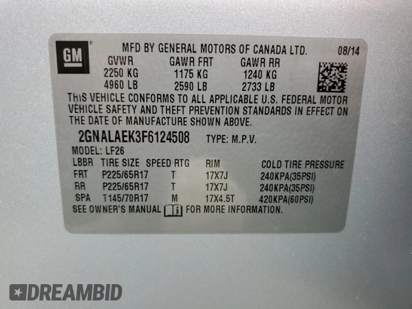 2015 Chevrolet Equinox LS with VIN 2GNALAEK3F6124508, listed as a Copart auction lot 52595755 with 156,826 mi miles and Salvage Title. Bid and sale history available at DreamBid. Image 15.