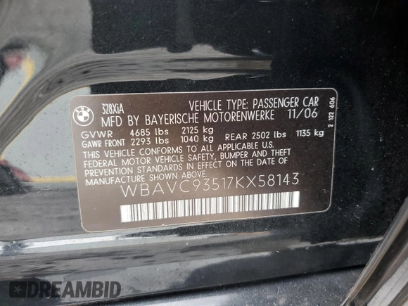 2007 BMW 3 Series 328xi with VIN WBAVC93517KX58143, listed as a Copart auction lot 52036035 with 161,954 mi miles and Salvage title. Bid and sale history available at DreamBid. Image 12.