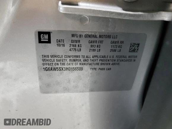 2017 Cadillac CTS AWD with VIN 1G6AW5SX3H0156509, listed as a Copart auction lot 45848035 with 56,664 mi miles and Salvage title. Bid and sale history available at DreamBid. Image 14.