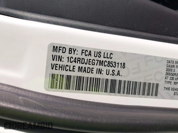 2021 Dodge Durango Citadel with VIN 1C4RDJEG7MC853118, listed as a IAAI auction lot 42622475 with 49,386 mi miles and . Bid and sale history available at DreamBid. Image 9.