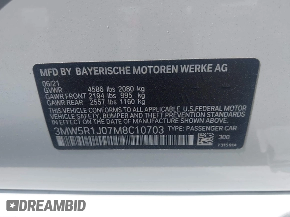 2021 BMW 3 Series 330i with VIN 3MW5R1J07M8C10703, listed as a IAAI auction lot 42272574 with 49,123 mi miles and . Bid and sale history available at DreamBid. Image 9.