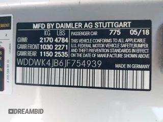 2018 Mercedes-Benz C 300 with VIN WDDWK4JB6JF754939, listed as a IAAI auction lot 37406882 with 73,043 mi miles and . Bid and sale history available at DreamBid. Image 9.